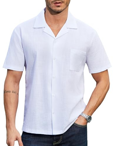 Mauro Kane Camisa Hombre Manga Corta Algodón Color Sólido Ajuste Regular Transpirable Ligera con Botones y Bolsillo Camisa Casual de Verano