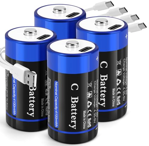 C Batterien 4er Pack, Wiederaufladbares Lithium Baby C Batterien Mit Ladekabel, LR14 Typ C Batterie 1,5V 4100mWh, füR Taschenlampen, Uhren, Spielzeug