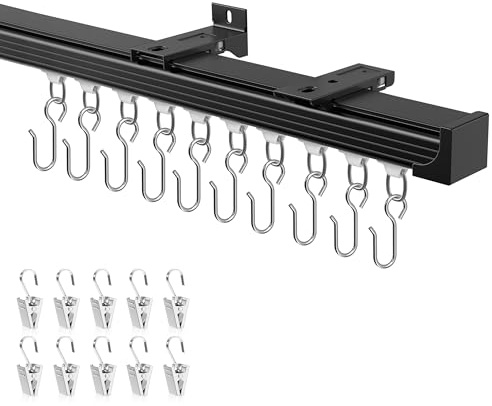 Ceiling Curtain Track 9–12 ft Black - Heavy Duty Ceiling/Wall Mount Curtain Rail/Rod System, 40 Quiet-Glide Rollers, 40 Hooks, 40 Clips, Room Divider for Living Room, Bathroom or Hospital