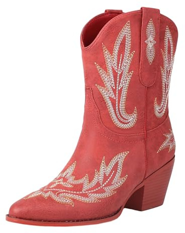 Generisch Chelsea Boots Bottes western pour femme Bottes d'hiver à talon bloc Bottes en cuir avec talon bloc Bottes d'équitation mi-mollet rétro Western Cowboy Bottes en cuir Dentelle, rouge, 40 EU