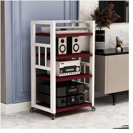 Rack HiFi à 4 étages avec roulettes - Support multimédia AV moderne pour rangement audio/vidéo pour CD et platine - Organiseur de divertissement pour home cinéma (marron)