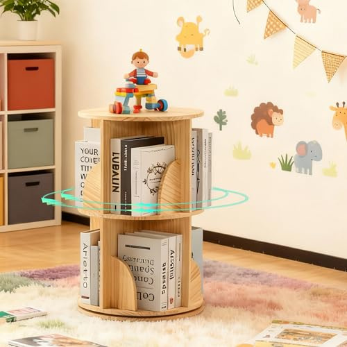 Mingone Libreria Bambini Girevole a 360°, Libreria Scaffale Legno a 2 Ripiani, Libreria Verticale a Colonna da Terra, Adatto per Camerette, Camere da Letto, Studi, Soggiorni e Uffici (Naturale)