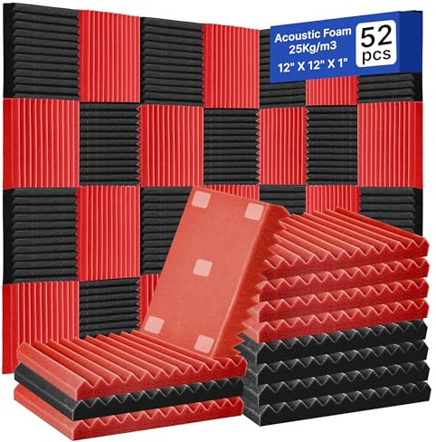 TDHLYJHF 52 Pack Acoustic Foam Panels,1 x 12 x 12 Acoustic Wedge Studio Foam Sound Absorption Wall Panels (BLACK/RED)