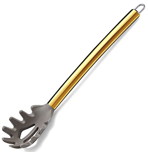 Gold Spaghetti Spoon, Berglander Non-stick Silicone Pasta Server With Titanium Gold Plating Handle, Spaghetti Server For Cooking, Pasta Fork, Noddle Fork, Dishwasher Safe, Easy to Clean