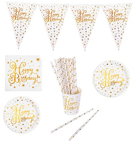 LASE C9 127pcs Jetable Vaisselle en carton pour fêtes d'anniversaire 30 personnes. Il comprend une guirlande, des serviettes, des gobelets, des assiettes et des pailles en papier. (Happy)