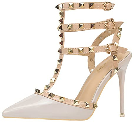 bbruriy Sandalias de tacón para Mujer Remache Correa en el Tobillo Tacones Altos Stiletto Tachuelas T-Strap Puntiagudo Cerrado Slingback Vestido de Fiesta Nupcial Zapatos de tacón cómodos,Gris,39