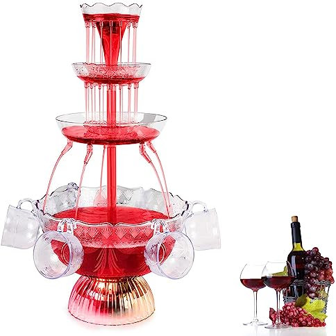 LED-upplyst vinfontän 4-vånings akryl Light-Up Drink Fountain Cocktail Juice Dispenser Fyllning Sprit Dricksdistributörsverktyg med 5 återanvändbara koppar för bröllopsfest Juldekor