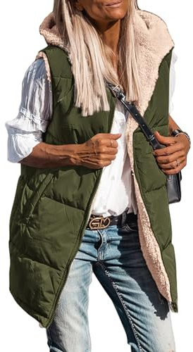 PRETTYGARDEN Womens 2026 Fall Reversible Long Vests Sleeveless Fleece Jacket Zip Up Hoodie Pockets Warm Coat Winter Clothing (Army Green,XX-Large)