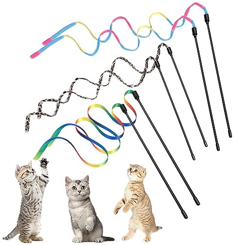 Amaxiu Katzenstab Spielzeug Set, interaktives Katzenstab Spielzeug mit Regenbogenbandschnur Regenbogenstoffschnur Leopardenmuster Stoffschnur für kleine Katzen Kätzchen Indoor Trainingsfänger(6 Stück)