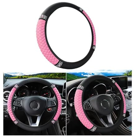 Osilly 15 Inch Rhinestone Leather Steering Wheel Cover, Pink