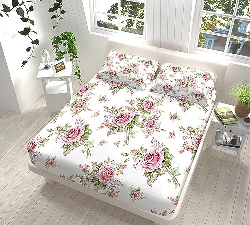 Spannbettlaken 90x200 cm, Spannbetttücher Rosa Rosen Muster Weiches Atmungsaktiver Bettlaken, Spannbettlaken für Boxspringbetten und Topper Matratzenschoner bis 30 cm Höhe