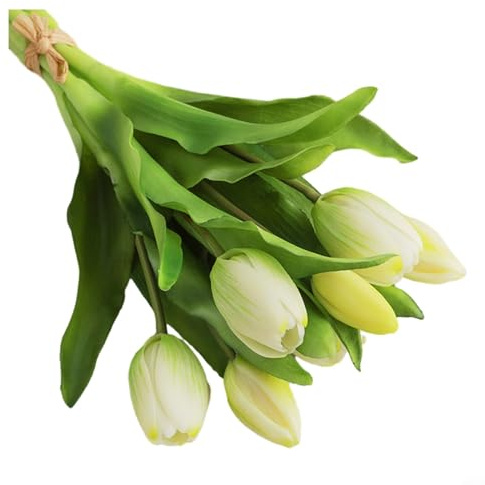 Getdoublerich Bouquet di tulipani artificiali con tulipani finti per decorazione di nozze, per esterni, giardino, cortile, decorazione (bianco verde), 1P676KMM7806669V0Y2BZ