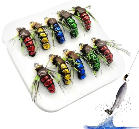 Cebo de pesca con mosca, 10 señuelos de pesca con mosca, surtido completo con colores brillantes, kit de señuelos de pesca con mosca, anzuelo de lubina seca, kit de pesca animado para agua salada