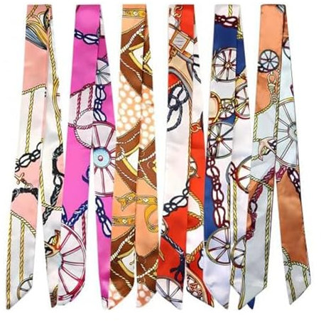 6 Stück Seidenschal Seidentuch Damen Haare, Scarf Mode Schmal Handtasche Griff Mode Handtaschenschal Gemischtes Design Satin Ribbon Seidentücher Dünne Lange Hals Schal Für Handtaschen Tasche Band