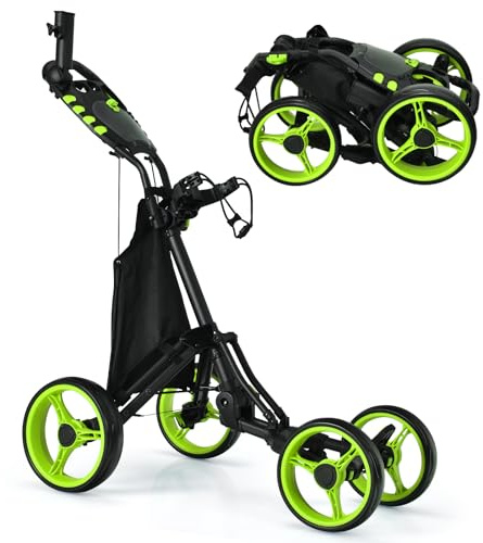 SPOTRAVEL 4 Wheels Golf Push Cart, Foldable Golf Trolley | with Storage Bag, Height-Adjustable Handle, Foot Brake, Umbrella & Cup Holder, Portable Golf Bag Holders for Golf Clubs