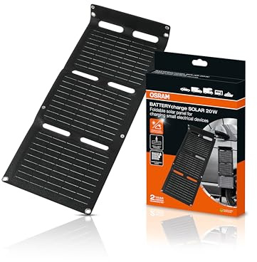 OSRAM BATTERYcharge SOLAR 20W con USB, mantenitore di carica solare, pannello solare pieghevole per la ricarica a distanza di dispositivi, supporto integrato