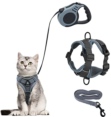 Harnais pour Chat avec Laisse Enrouleur, Anti-éclatement Harnais Chaton et 5m Laisse Chat Rétractables Kit, Réglable Filet Respirant Harnet pour Chaton, Chiot (Gris, L)
