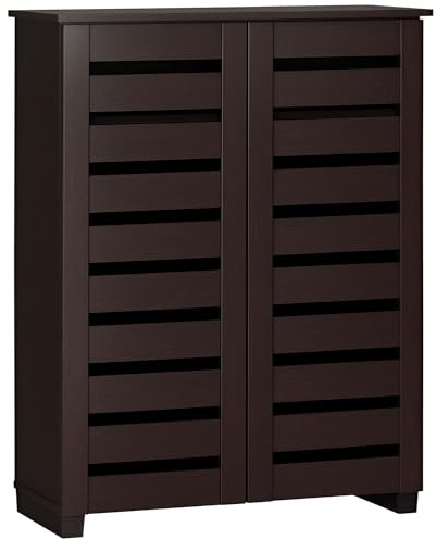 HOMCOM Armario Estrecho para Zapatos, 5 Niveles con 2 Puertas de Listones y estantes Ajustables para 15 Pares, marrón Oscuro