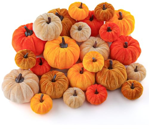 wokdsbl Lot de 24 Citrouilles Artificielles – Mini Citrouilles Orange, Marron et Beige pour Décoration de Table, Halloween, Automne, Mariage, Thanksgiving