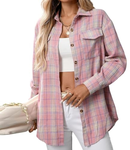 Générique Chemise Country Femme Femme Chemise à Carreaux Western Décontractée Chemises Manches Longues Classique Blouses Boutonnées Tyle Décontracté Plaid Shacket Rose S