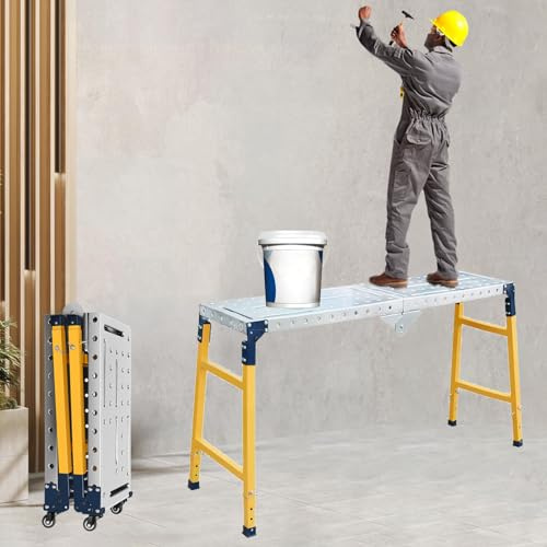 SCGSJZH Andamio Plegable Aluminio Banco de Trabajo, Portátil Andamios con Ruedas, Tablero de Mesa Galvanizado, Hogar Obra Escalera Altura Ajustable 60-90 cm, Capacidad de Carga 500 kg (120 x 36 cm)