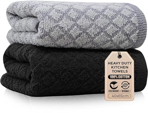 Towelogy 100% Cotton Kitchen Tea Towels Pack of 2 – Dobby Weave Soft & Absorbent Dish Drying Cleaning Cloths 40x65cm (2, Black/White)