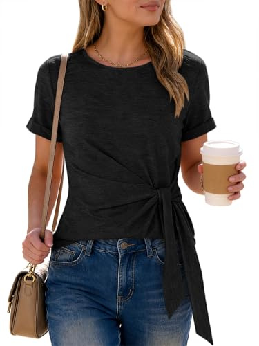 ANRABESS Womens Tops Summer Short Sleeve Crewneck Tie Waist Shirts Dressy Casual Blouse Tee 2026 Business Work Trendy Clothes Black Large