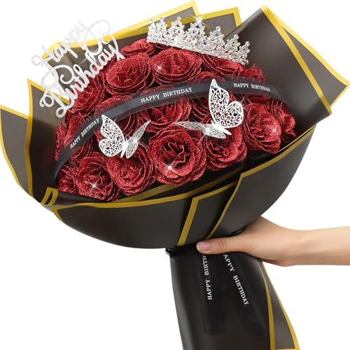 MEIVINES Lot de 24 Roses Artificielles à Paillettes Bouquet de Fleurs Artificielles Bouquet de Fleurs Rouges avec Couronne pour Cadeaux, Anniversaire de Mariage, Fiançailles, Anniversaire