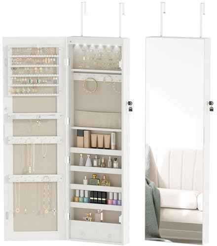 HOMCOM Espejo Joyero de Pared o Puerta con 6 Luces LED, Blanco
