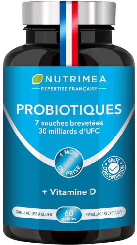 Probiotiques Flore Intestinale | 30 Milliards d’UFC | Avec Vitamine D | Complexe de 7 Souches Brevetées de Ferments Lactiques | 60 Gélules Vegan | Nutrimea | Fabriqué en France