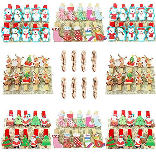 BOELLRUNO 80PCS Mini Pinces en Bois pour Noël - Clips d'Arbre de Noël avec 8 Ficelles - Clothespin Epingle à Linge pour Décoration (A)