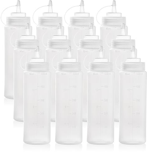 Bekith 12 Stück 500ml Quetschflasche Squeeze Condiment Flaschen Kunststoff Leere Spritzflasche mit Drehverschluss und Messung für Saucen Ketchup
