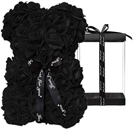 DuHouse Rose Bear Rose Teddy Bear Flower Gift Black Box for Valentines Gifts Anniversary Christmas,Birthdays Bridal Showers -Fully Handmade 10 inch Flower Bear Clear Gift Box (Black)