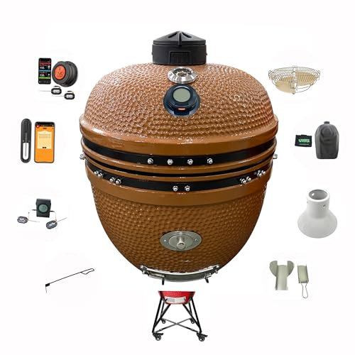 YNNI KAMADO TQTT23RG XL - Parrilla de 58,4 cm, oro rosa, chipfeeder, paquete, barbacoa, cerámica, huevo, ahumador, TQTT23RG
