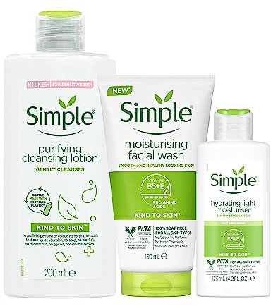 Simple Kind To Skin Care Bundle Of Purifying Cleansing Lotion 200ml, Moisturising Facial Wash 150ml, and Replenishing Rich Moisturiser 125ml For Sensitive Skin