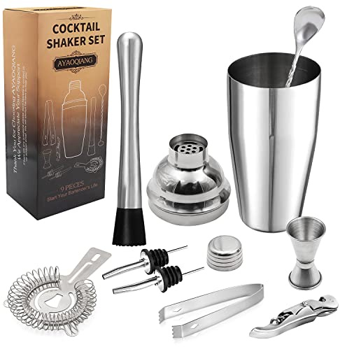 Cocktail Shakers Set,9 Pieces Cocktail Making Kit,Cocktail Shaker Set 750 ML Stainless Steel Bar Tool Set Bartender Kit with Double Jigger,Pestle,Valentine's Day,Father's Day,Birthday Gift for Men