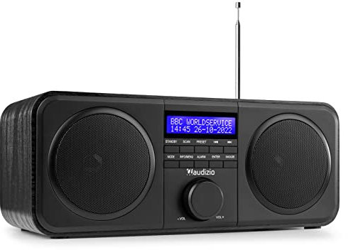 Audizio Novara - DAB Plus Radio, UKW Radio, Digital Radio, Kopfhöreranschluss, Alarm Radiowecker, Snooze, 20 Speicherplätze, DAB Küchenradio, Stereo Kompaktanlage mit Display - Schwarz