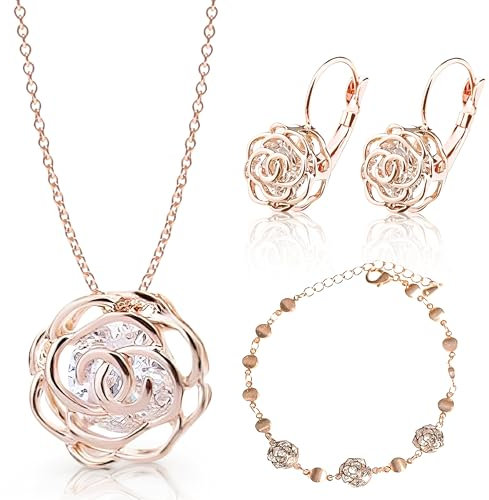 Crystalline Azuria Rose Blumen Kristalle Schmuck-Set Halskette 45 cm Leverback Ohrringe Armband 18 kt Rosé Vergoldet für Damen