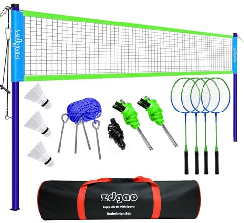 Badminton Set for Backyard, Portable Badminton Net with Tension Adjuster, Badminton Racket Set of 4, 3 Nylon Shuttlecocks, Boundary Line and Carry Bag for Backyard Beach Family Games