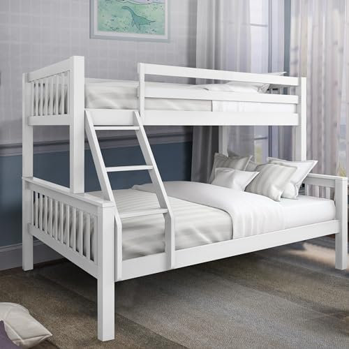 Blisswood Triple Bunk Bed, 4ft6 Double & 3ft Single Wooden Bunk Beds Solid Pine Wood Frame Wooden Bunk Beds With Ladder Triple Sleeper Kids Bunk Bed (White L198cm x W143cm x H146)
