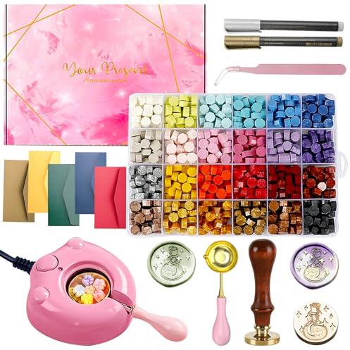 MONVICT 732 Pcs Wax Seal Stamp Kit with Pink Gift Box, Electric Wax Seal Warmer, Sealing Beads, Stamp, Spoon, Pens, Envelopes, Tweezers Gift for Kids Girls Crafter DIY