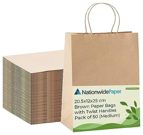 NationwidePaper 50pcs Medium Brown Paper Bags, Party Bags, Gift bag DIY and Sweet bags with Strong Twisted Handles (20.5x12x25cm)