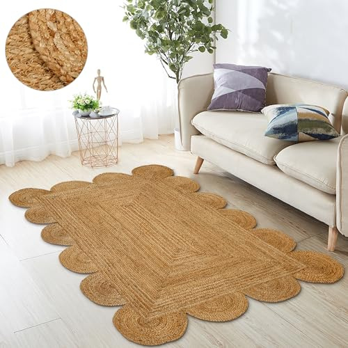 RIANGI Hand Woven Jute Area Rug - 4' x 6' Feet - Rustic Beige Reversible Rectangular Rugs for Bedroom, Kitchen, Living Room - Vintage Natural Braided Entry Floor Décor Boho Jute Area Rugs 4x6 Feet