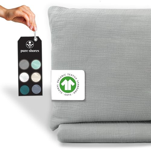 pure shores - Musselin Bettwäsche 135x200 | Bettwäsche 135x200 Baumwolle | Bettwäsche-Sets | 100% Bio mit GOTS | Reißverschluss | Bettwaren | Bedding Set | 1 Kissen 80x40 | Hellgrau