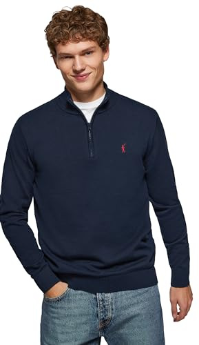 Polo Club Jersey Azul Marino con Cierre de Media Cremallera y Cuello Alto - Jersei con Logo Bordado para Hombre - Suéter Manga Larga 100% algodón