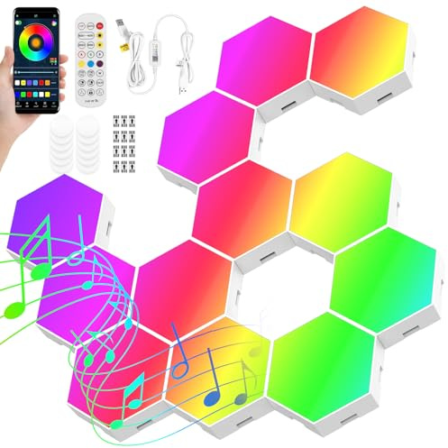 Jokapy 12Pcs Panneau LED Hexagone Murale Lampe, Panneau LED Mural Gaming Sync Avec Musique Smart RGB Ambiance Light, Gaming Setup Neon Deco Appliques pour Salon, Chambre et Salles Gaming (12Pcs)