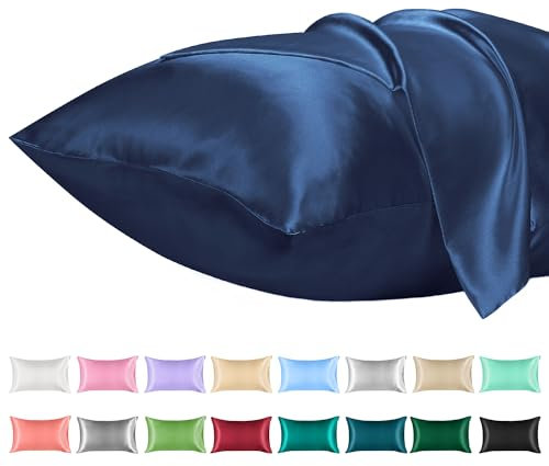 Lirex 2er Set Satin Kissenbezug 50x80cm, Kissenbezüge, Weich wie Seiden Kissenbezug, Satin Kopfkissenbezug Kissenhülle für Haar und Haut Kommt, Oeko-TEX Zertifiziert, Navy Blau
