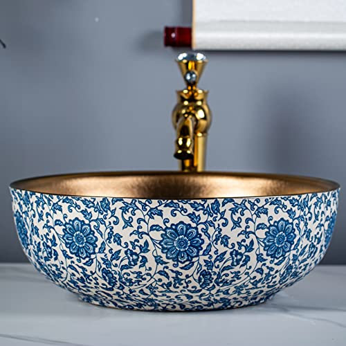 1 Whole Set Luxury Washbasins Blue White Colour Art Ceramic Countertop Washbasin with Gold Tap and Drain Fitting Pop Up for Bathroom and Farmhouse Washbasin Diameter 41cm