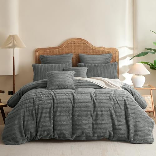 Covebett Bettwäsche Winter Plüsch 135x200 4teilig Grau Gestreift Flanell Warme Weich Cashmere Touch Winterbettwäsche 2 Flauschig Fleece Bettbezug mit Reißverschluss und 2 Kissenbezug 80x80