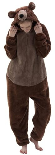 Jumpsuit damer mysig björn, sovoverall damer vinterjumpsuit: teddyfleece i en del, varm overall, hemmadräkt, plysch, sovoverall med öron, fluffiga nattkläder, onepiece pyjamas onepiece, BRUN, S